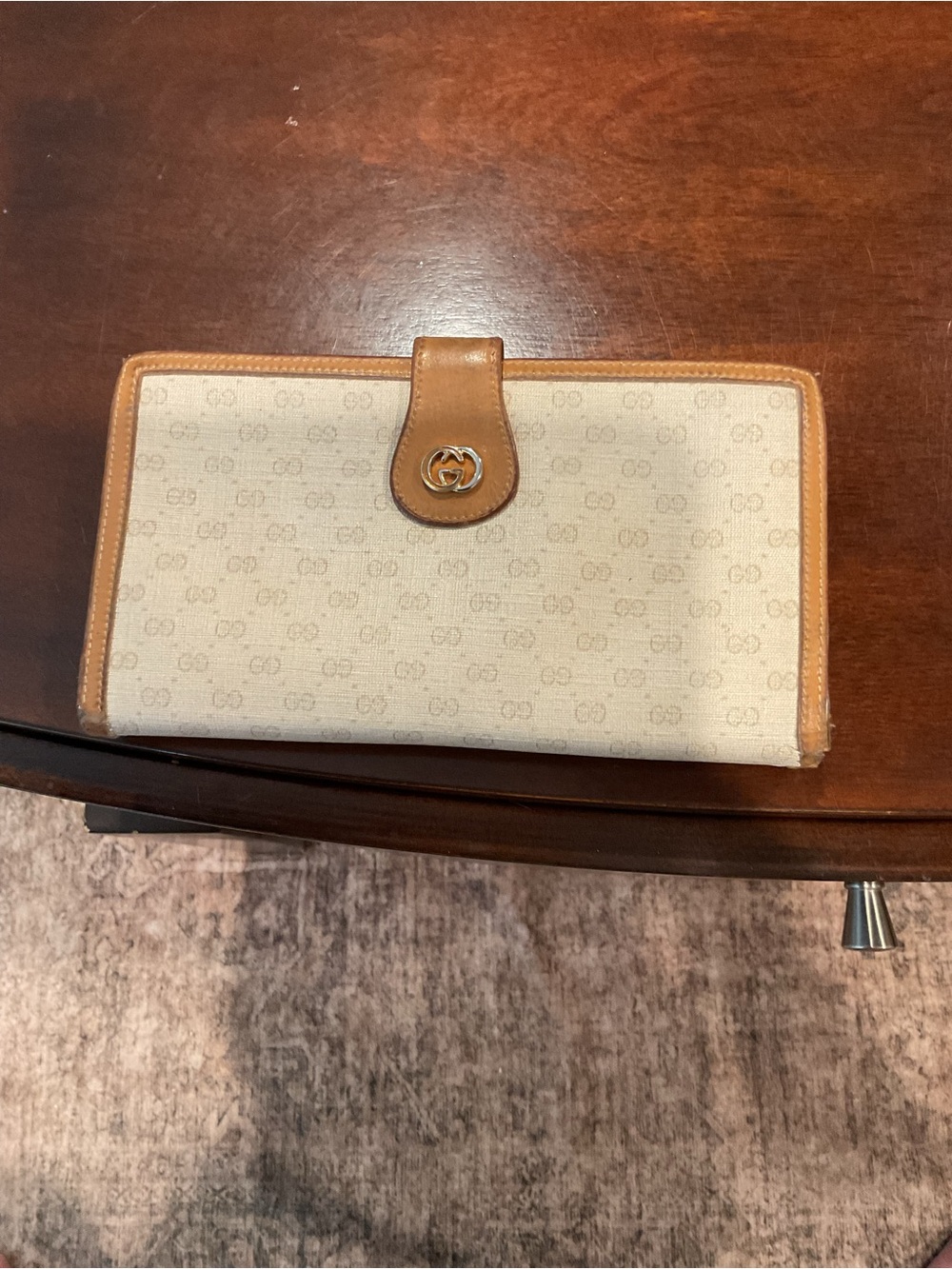 Gucci Vintage MonogramBeige Canvas Wallet with Tan Leather Trim and Gold GG Snap